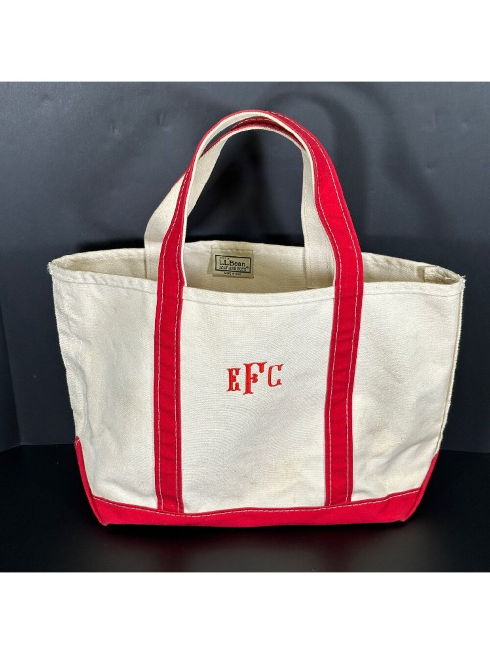 Vintage 1990s LL BEAN Canvas Boat and Tote Red Trim EFC Monogram Made in USA